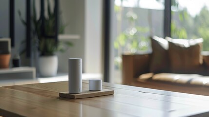 Two White Smart Speakers on Wooden Table in Modern Living Room