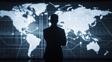 A silhouette of a manager stands before a large screen displaying global shipping routes, representing the interconnectedness of supply chains, with space for copy.