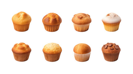 Assorted classic plain muffins on transparent background, PNG file mockup template for artwork featuring various design angles