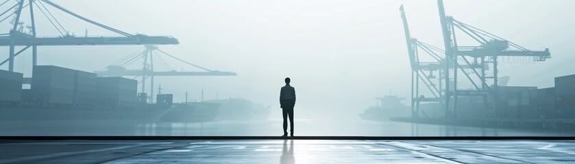 Silhouetted against a background of cargo ships and cranes, a manager stands at the dock, representing global shipment and logistics, with copy space.