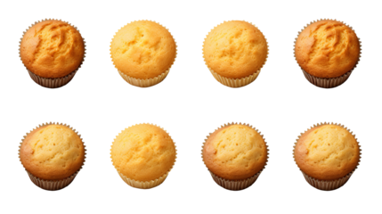 Assorted classic plain muffins on transparent background, PNG file mockup template for artwork featuring various design angles