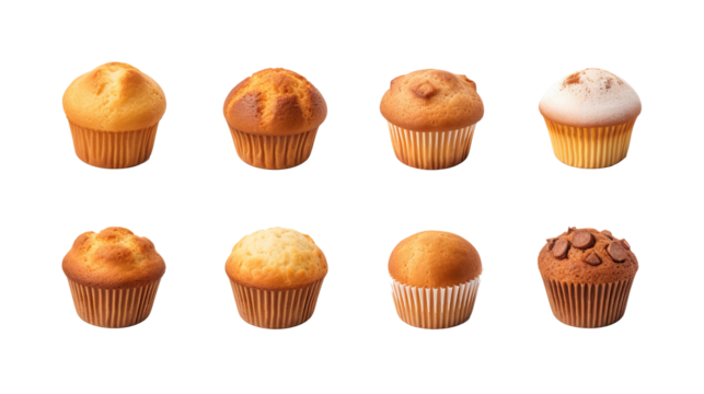 Assorted classic plain muffins on transparent background, PNG file mockup template for artwork featuring various design angles