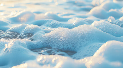 Fototapeta premium A macro photograph of ocean waves, showcasing the detailed texture of frothy white foam against the light blue water