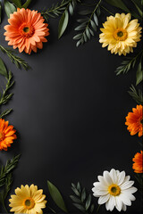 Fototapeta premium Flowers composition. Frame made of flowers on black background. Flat lay, top view, copy space