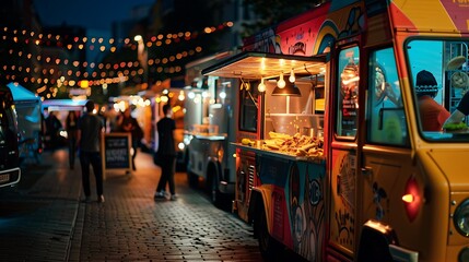 A row of food trucks with diverse cuisines at a lively city festival
