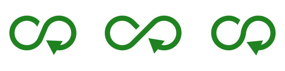 Simple flat green infinity symbols. Design elements for unlimited infinity, endless, eternity, loop, discontinuation, and repetition concepts. Vector illustration