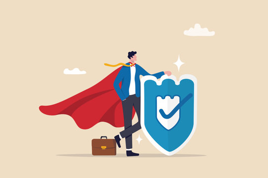 Security safety, protection or shielding insurance, privacy protect, defense from cyber attack, safeguard, guarantee or threats control concept, businessman superhero holding strong protection shield.