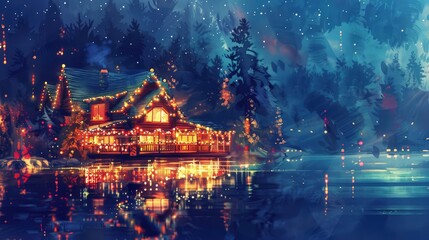 Fototapeta premium A secluded wooden cabin brightly decorated with festive holiday string lights sits beside a still lake, perfect for seasonal advertising banners or greeting cards.