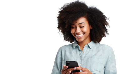 Portrait of a beautiful young African American woman holding a phone isolated on transparent background PNG