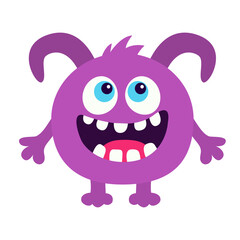 Fototapeta premium Little monster. Happy Halloween. Cartoon kawaii funny baby character. Cute violet monsters silhouette icon. Horns, eyes, smiling face, teeth, hands. Childish style. Flat design White background Vector