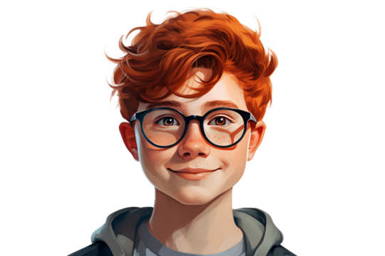 Portrait of a cute ginger boy wearing eyeglasses with red hair, freckles, and a happy smile, isolated on transparent background for diverse educational and marketing projects
