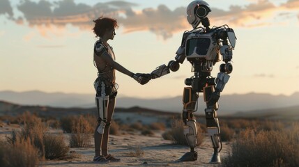 Male robot holding hands with handshake. desert background in the afternoon. AI generated image