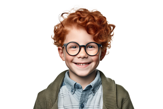 Portrait of a cute ginger boy wearing eyeglasses with red hair, freckles, and a happy smile, isolated on transparent background for diverse educational and marketing projects