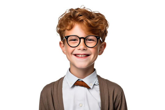 Portrait of a cute ginger boy wearing eyeglasses with red hair, freckles, and a happy smile, isolated on transparent background for diverse educational and marketing projects