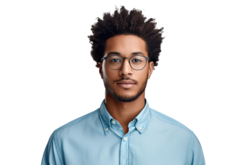 Confident African American man with eyeglasses in blue shirt on transparent background for business profiles, diversity projects, and advertising campaigns