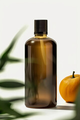 brown bottle product on a green grassland background, simple and elegant, conveying naturalness and freshness, organic, green leaves