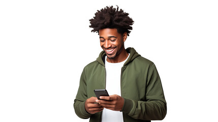 Handsome young black man holding a phone portrait, isolated on transparent background