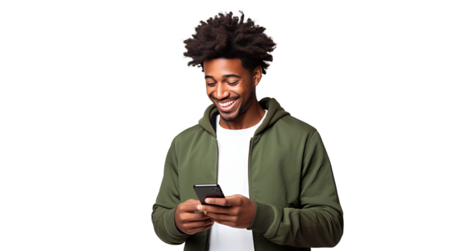 Handsome young black man holding a phone portrait, isolated on transparent background