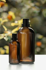 brown bottle product on a green grassland background, simple and elegant, conveying naturalness and freshness, organic, green leaves