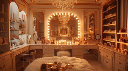 6. A celebrity makeup artist hosting a red carpet beauty secrets video in a glamorous, Hollywood-inspired studio. The set resembles a high-end dressing room with a lit vanity mirror surrounded by