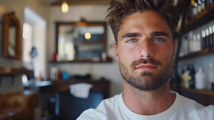 Obraz premium 11. A male grooming expert filming a comprehensive skincare and subtle makeup tutorial in a modern, minimalist barbershop setting. The space features sleek leather chairs, vintage mirrors, and a