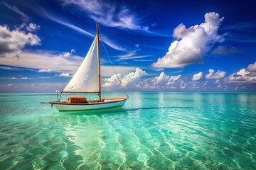 Fototapeta premium Serenely floating on calm turquoise waters, a small wooden sailboat drifts gently, its white sails billowing in the warm ocean breeze under a clear blue sky.