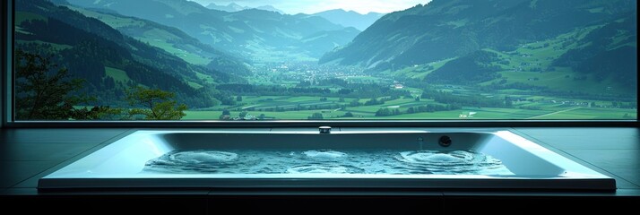 Obraz premium Luxurious hot tub overlooking stunning mountain landscape. Ultimate relaxation and serene getaway with breathtaking valley views.
