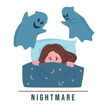 Kid nightmare illustration. A frightened girl has a bad dream, she is afraid of a monsters and pulling blanket. Sleep disorder, insomnia, childhood nightmares, bad dreams concept. Flat vector design