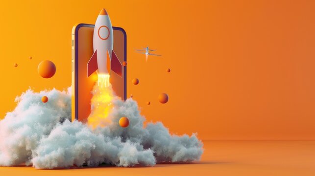 Rocket on coming out of smart phone screen, cell phone, start up concept, gradient orange background.AI generated image