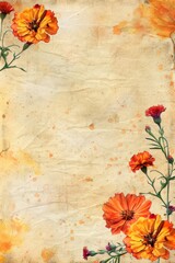 Fototapeta premium watercolor vintage scrapbook junk journal page, copy space in center, watercolor clipart of Marigolds at corner border on parchment paper, vintage art, for Junk Journal, Digital Paper, Printable 