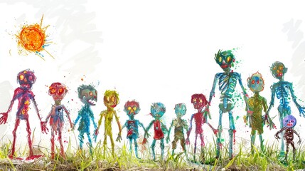 Fototapeta premium Colorful Zombie Family Standing in Grass