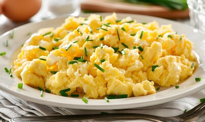 a plate of scrambled eggs with chives, Generative AI
