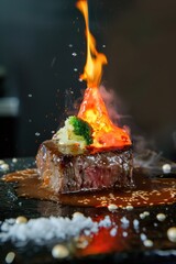 Obraz premium Culinary Creativity: Steak with Miniature Volcano Erupting Sauce - Playful and Imaginative Meal Concept