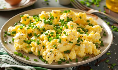 a plate of scrambled eggs with chives, Generative AI