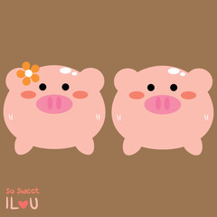 Pair of cute hand drawn cartoon pink pigs, cute animal stickers, doodles