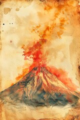 watercolor vintage scrapbook junk journal page, copy space in center, watercolor clipart of Volcano on parchment paper, for Junk Journal, Digital Paper, Printable 