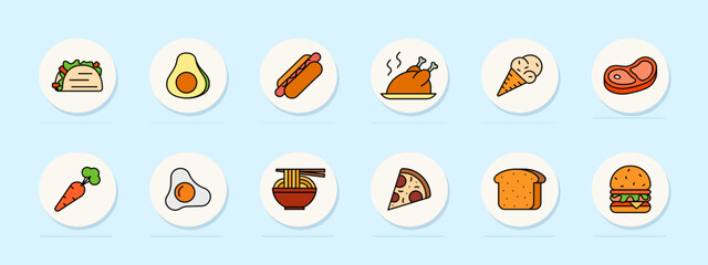 Food set icon. Taco, avocado, hot dog, roasted chicken, ice cream, steak, carrot, fried egg, ramen, pizza, bread, burger, cuisine, meal, snack, delicious, taste, culinary, nutrition.