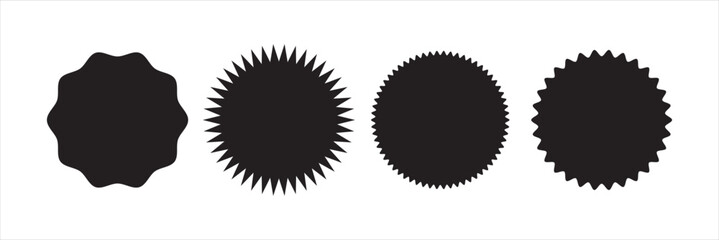 Set of black price sticker, sale or discount sticker, sunburst badges icon. Star shape with different number of rays. Special offer price tag. Starbrust collection. Isolated on white background. 