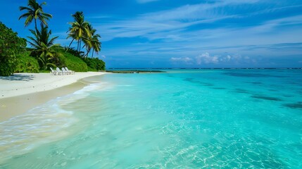 Fototapeta premium Serene beach scene crystalclear turquoise water white sand and palm trees with writing space and open area