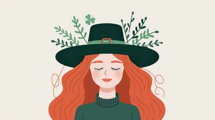 Saint Patricks Day greeting card featuring a cheerful character with red hair in a green leprechaun hat.