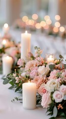 Elegant wedding decor with floral arrangements and candles, creating an intimate ambiance with copy space, focusing on all objects with deep depth of field.