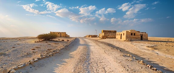 qatar desert scene, old houses in a background