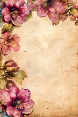 watercolor vintage scrapbook junk journal page, copy space in center, watercolor clipart of Hellebores flowers at corner border on parchment paper, vintage art, for Junk Journal, Digital Paper