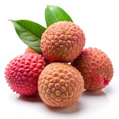 Tropical lychee fruit with leaves on transparent background.
