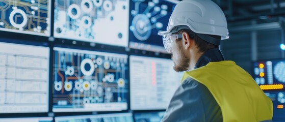 Advanced monitoring systems in clean energy control room, engineer with safety gear