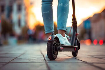 Obraz premium Legs of unrecognizable person with electric kick scooter or e-scooter