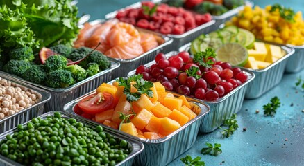 A colorful array of food in aluminum lunch boxes, including fruits and vegetables on a pastel blue background. 