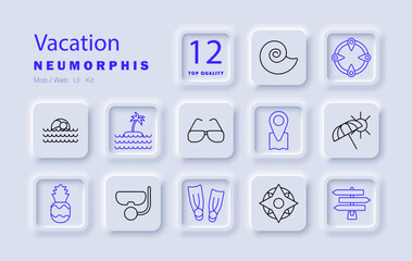 Vacation set icon. Swimming, island, sunglasses, location pin, seashell, snorkeling, flippers, compass, pineapple, insect, relaxation, travel, holiday, tourism, beach, adventure, leisure, destination.