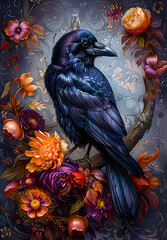 Raven in a Tree.  Generated image.  A digital illustration of a raven perched on an ancient tree branch surrounded by colorful flowers and mushrooms.