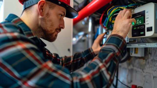 close-up of male plumber fixing thermostat
